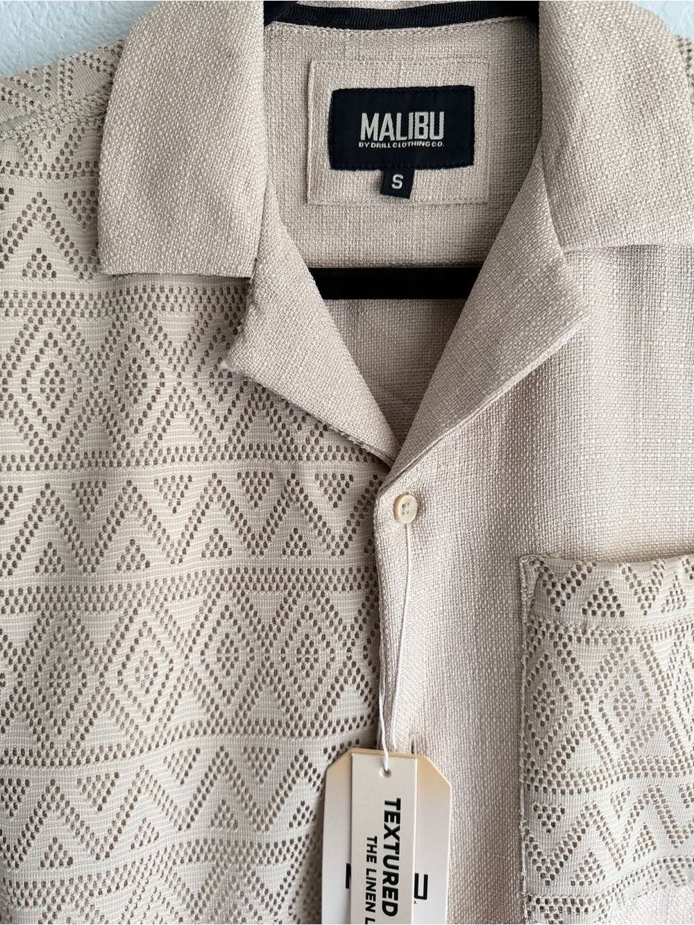 Malibu Beige Short Sleeve Button-Up Knit Shirt with Geometric Texture - Picture 3 of 5